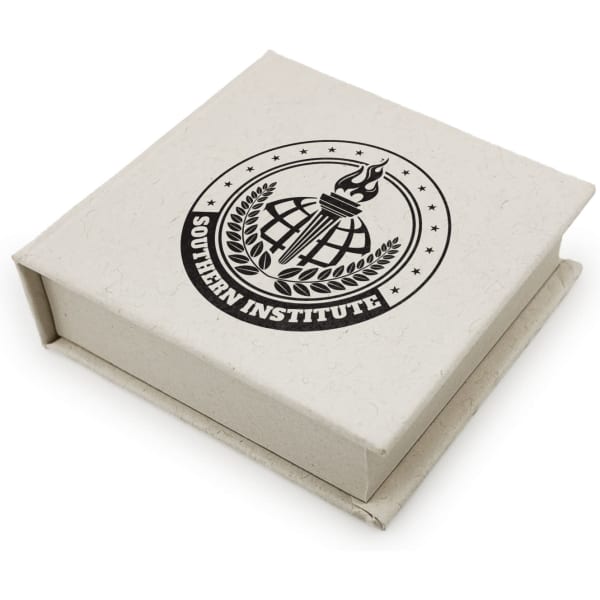 A square, cream-coloured box featuring a logo on the lid, designed for promotional use.
