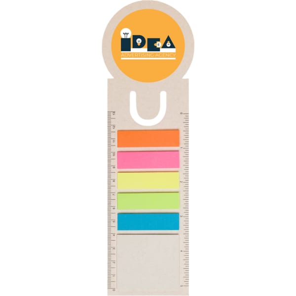A rectangular bookmark with a circular top, featuring a ruler and colourful sticky notes in pink, orange, green and yellow.