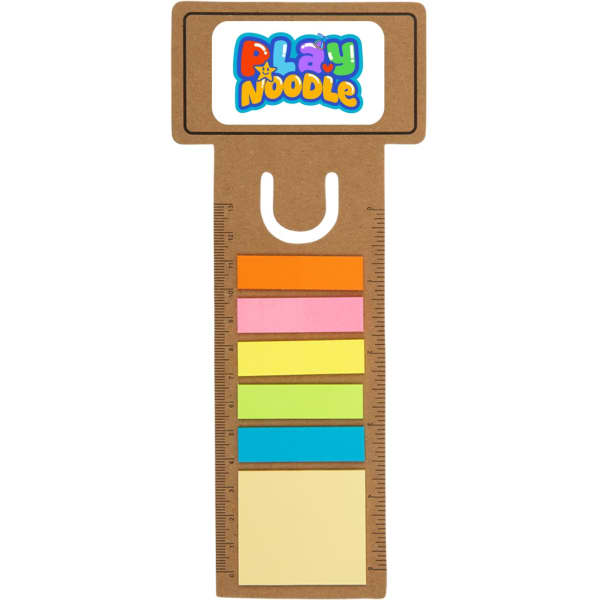 A business card bookmark with a ruler design, featuring assorted sticky note flags in pink, yellow, green, and orange.