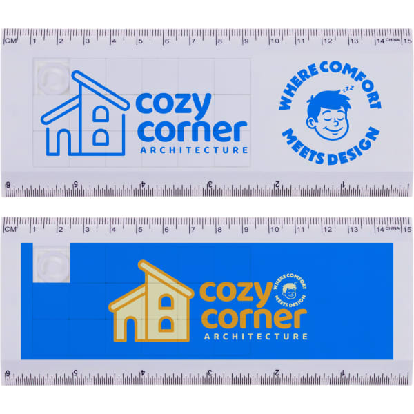 Amaze Tile Ruler Puzzle with blue and white design, featuring a logo and measurements. Ideal for puzzle enthusiasts.