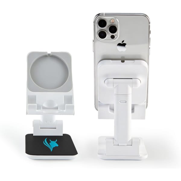 A white phone stand with a logo, designed to hold a smartphone in place. Featuring an adjustable back and base.