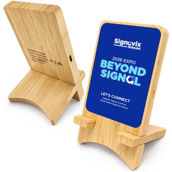 A bamboo phone stand with a blue display area, featuring a logo and promotional text.