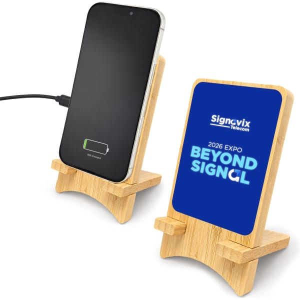 A bamboo phone stand with a wireless charger and a branded sign featuring the text 