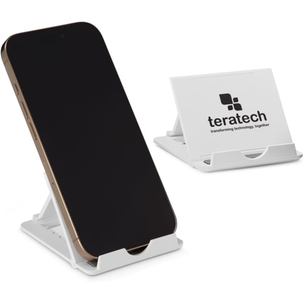 A white phone stand displays a smartphone, featuring a logo on one side and a sleek, minimal design.