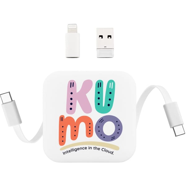 A white retractable charging cable with two connectors and a small logo. Includes a USB and Lightning connector.