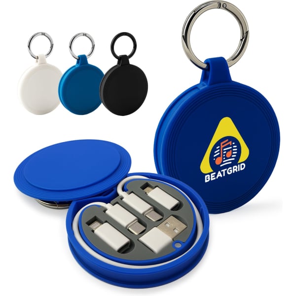A blue circular case with a ring contains multiple USB cables in various colours, accompanied by a logo.