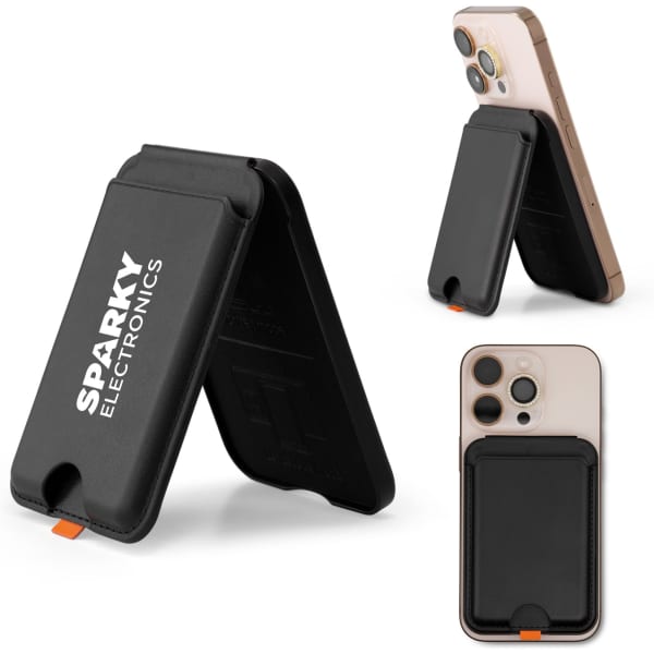 A black phone wallet with a stand feature, compatible with smartphones, featuring a logo.