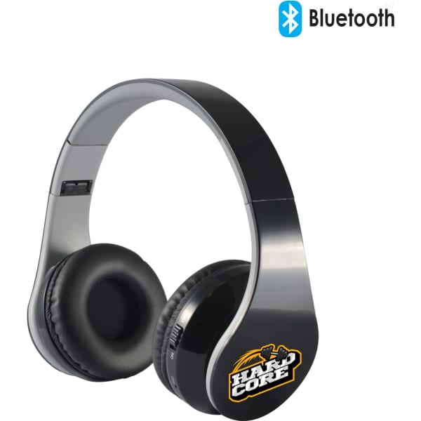 Bluetooth headphones in sleek black with a glossy finish, featuring a logo on one ear cup and a modern design.