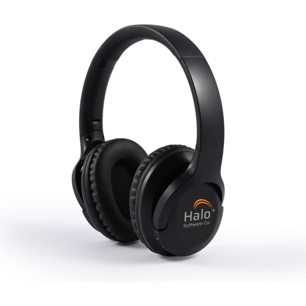 Black ANC headphones with cushioned ear cups, featuring a logo on the side, displayed on a white background.