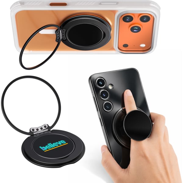 A black phone grip and stand with a circular design, featured on an orange and a black phone, with a logo.