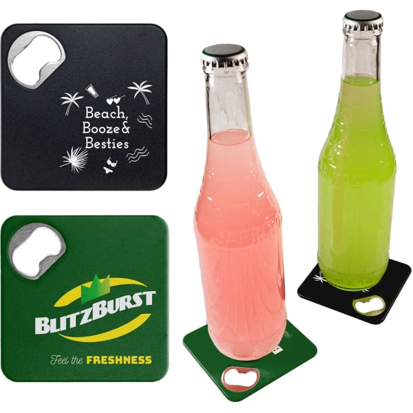 A drink bottle opener and coaster set featuring black and green colours, with a logo and festive designs.
