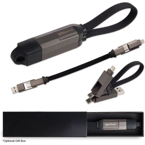 A charging cable in black and grey, featuring multiple connectors and a storage case, with a logo.