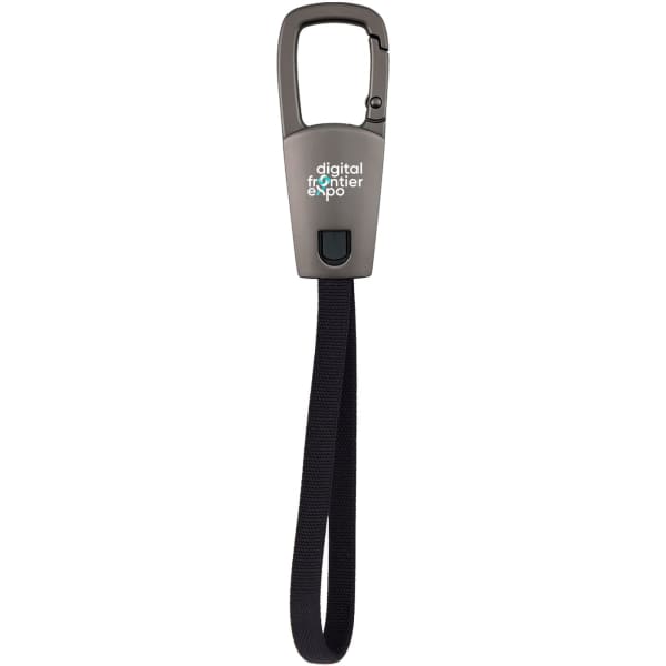 A grey ClipIt Carabiner Cable with a black strap, featuring a logo on the handle.