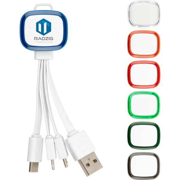 A white 3-in-1 charging cable with multiple connectors, featuring a logo and available in various colours: red, green, and clear.