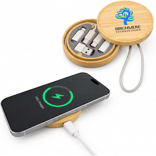 A wireless charger set in a bamboo case, showcasing multiple connectors and a smartphone charging on the charger.