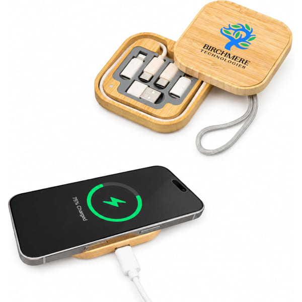 A wireless charger set featuring a bamboo case, containing charging cables and a circular charging pad.