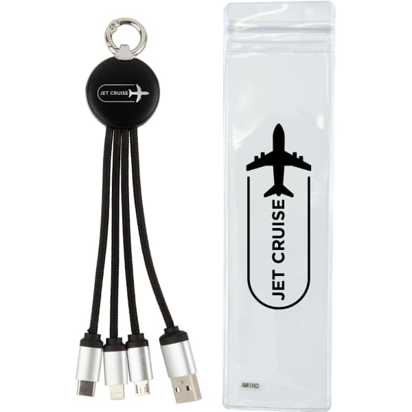 A charging cable with three connectors (USB, USB-C, micro-USB) attached to a keyring, in a clear protective case.