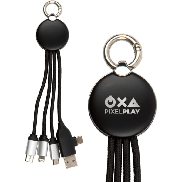 A black charging cable with multiple connectors, featuring a round ring design and a logo.