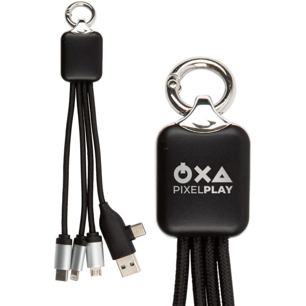 A black charging cable with multiple connectors and a keyring attachment. The product features a logo on the surface.