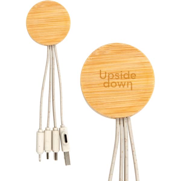 A round bamboo charging cable with white cables attached, featuring a logo on one side.