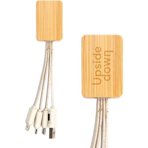 A bamboo charging cable organiser with multiple connectors including USB and micro USB. Features a natural wood finish.