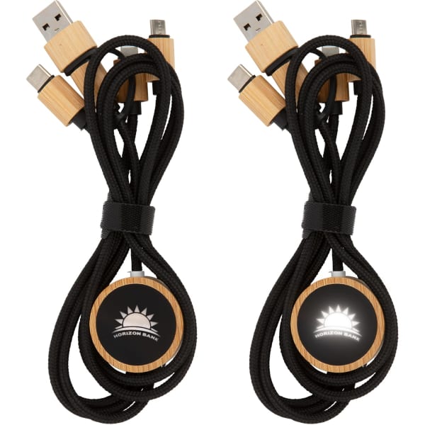 A charging cable in black with bamboo accents and a round logo area, featuring multiple connector types.