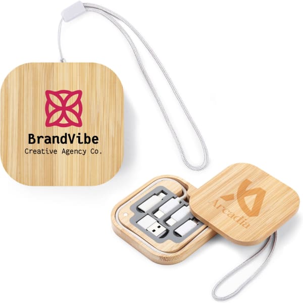 A square bamboo casing opens to reveal a set of charging cables in silver, featuring two USB connectors.