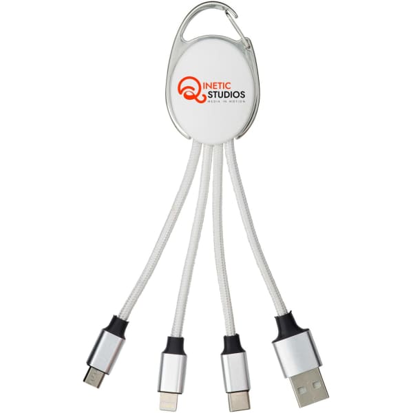 A multi-connector charger cable in white and silver with a branding logo, featuring three different charging connectors.