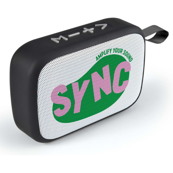 A portable black speaker with a vibrant green and pink design and a built-in strap for easy carrying.