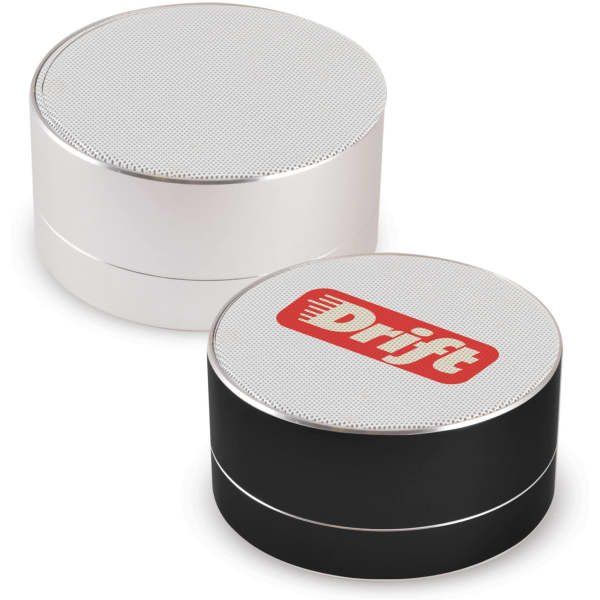 A Bluetooth speaker set featuring a white and a black speaker, both with a metallic grille and a branding logo.