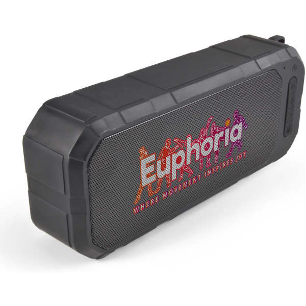 A rectangular black water-resistant speaker with a textured surface and a logo on the front.