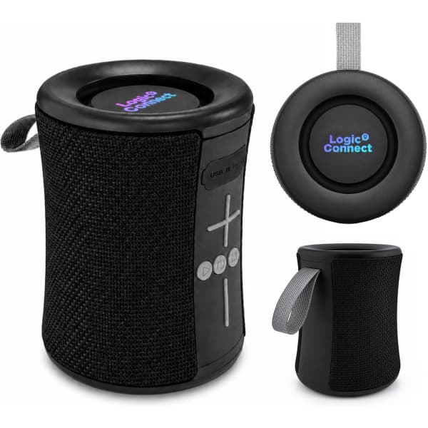 A compact black speaker with a textured finish, featuring control buttons and a logo on the top.