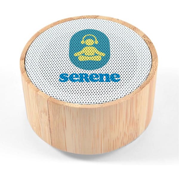 A round bamboo Bluetooth speaker featuring a mesh grille and a branding logo on top.