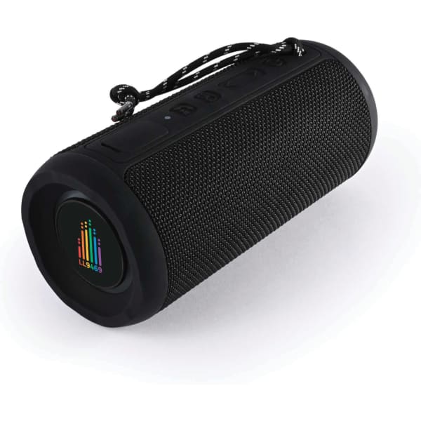 A black cylindrical Bluetooth speaker with a textured surface, featuring a branding logo and a carrying strap.