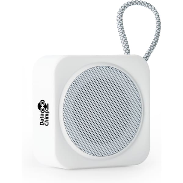 A compact white speaker with a textured grill and a looped string for attachment. It features a logo on the side.