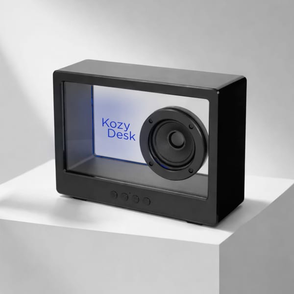 A black speaker with a transparent front and a visible speaker cone. It features buttons at the bottom and has a logo.