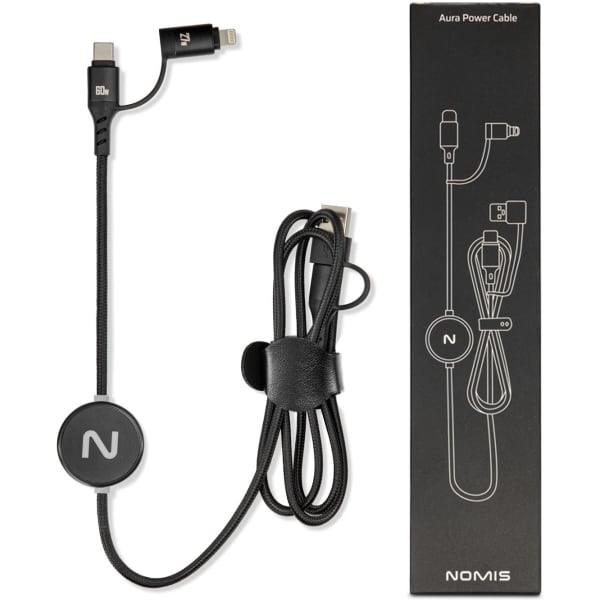 A charging cable featuring a black design with a round branding element, alongside a packaging box.
