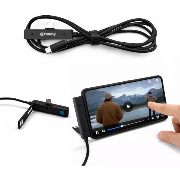 A charging cable in black featuring a logo, positioned alongside a smartphone displaying a video.