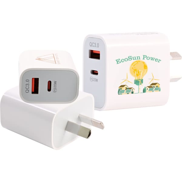 A white wall charger featuring two USB ports, one marked with 'QC3.0' and the other with a logo, in various angles.