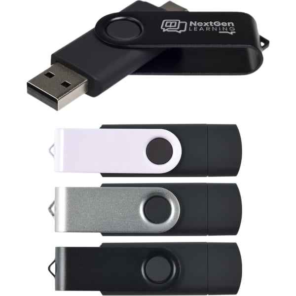 A set of swivel USB flash drives in black, white, grey, and silver, featuring a logo on at least one drive.