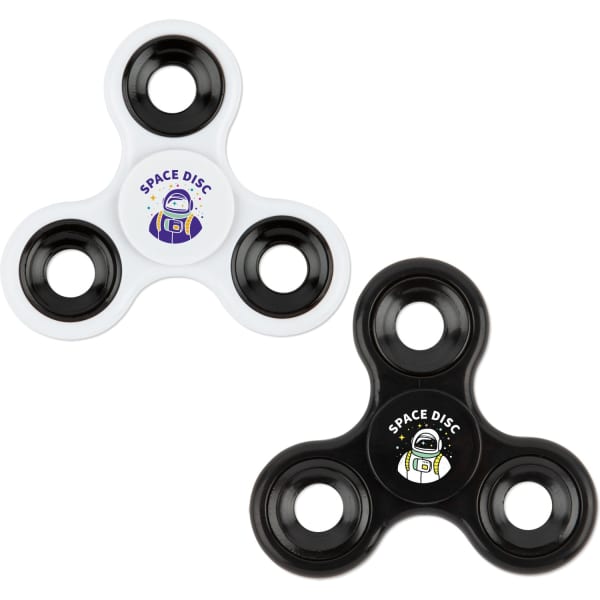 A set of two fidget spinners in black and white, featuring logos on the centre disc.