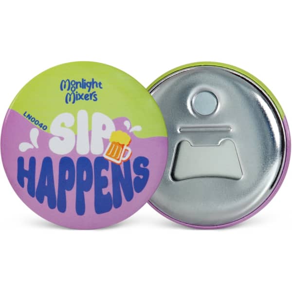 A drink bottle opener in a circular shape with a purple and green design, featuring a logo and a metallic opener.