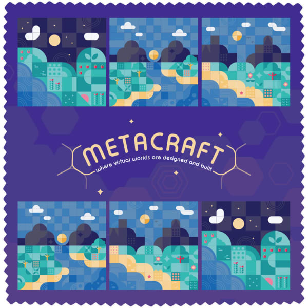 A purple microfibre lens cloth featuring a whimsical landscape design with buildings, trees, and clouds. It includes branding.