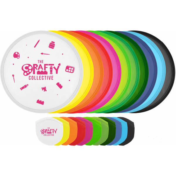 A set of colourful frisbees in various shades, featuring a white frisbee with a logo and multiple solid-coloured frisbees.