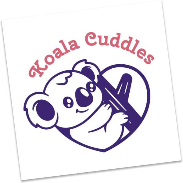 A square temporary tattoo featuring a cartoon koala holding a pencil, with 