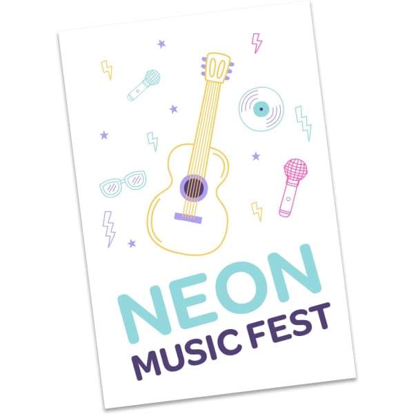 A poster featuring a guitar, microphones, and music-themed graphics in pastel colours for a Neon Music Fest.