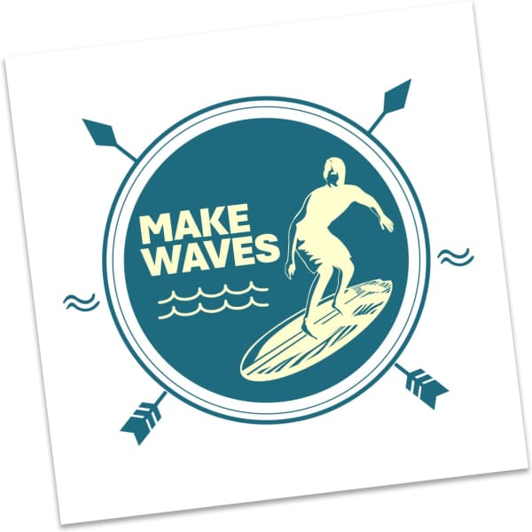 Classic temporary tattoo featuring a surfer and the phrase 