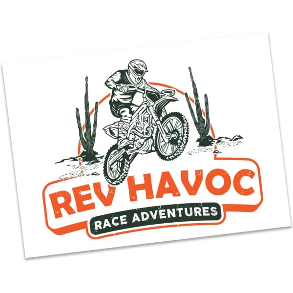 A design featuring a motocross rider among cacti, with the bold text 