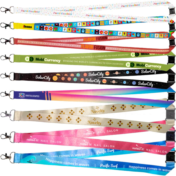 A collection of various lanyards in vibrant colours, featuring different designs and logos.