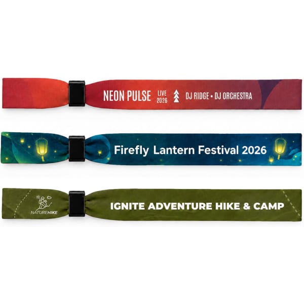 Three fabric wristbands in red, blue, and green, each featuring different designs and a logo on the green one.